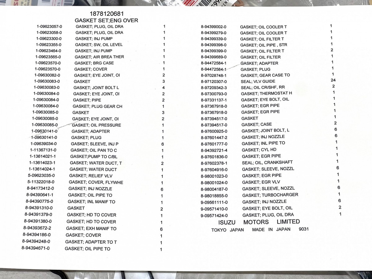 1878120681 Набор прокладок двигателя 1878123160 ORIGINAL ISUZU 1878120681 Набор прокладок двигателя 1878123160 ORIGINAL ISUZU