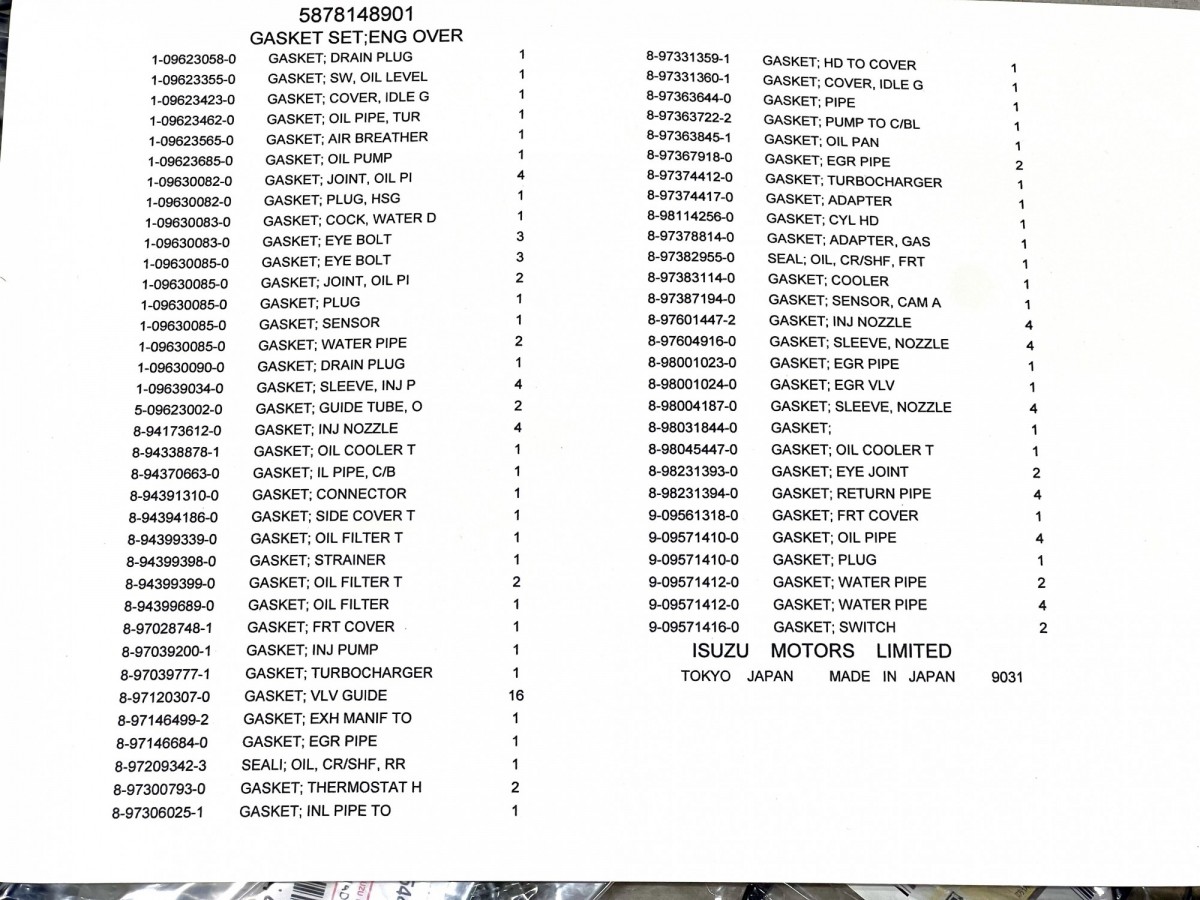 5878148901 Набор прокладок двигателя 5878150350 ORIGINAL ISUZU 5878148901 Набор прокладок двигателя 5878150350 ORIGINAL ISUZU
