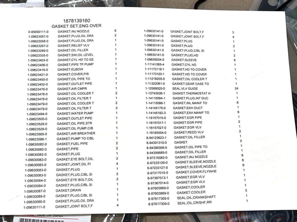 1878139160 Набор прокладок двигателя 1878130361,1878129661, 1878129660 ORIGINAL ISUZU 1878139160 Набор прокладок двигателя 1878130361,1878129661, 1878129660 ORIGINAL ISUZU