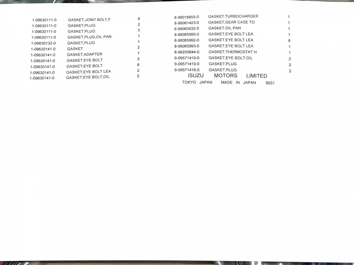 1878139160 Набор прокладок двигателя 1878130361,1878129661, 1878129660 ORIGINAL ISUZU 1878139160 Набор прокладок двигателя 1878130361,1878129661, 1878129660 ORIGINAL ISUZU