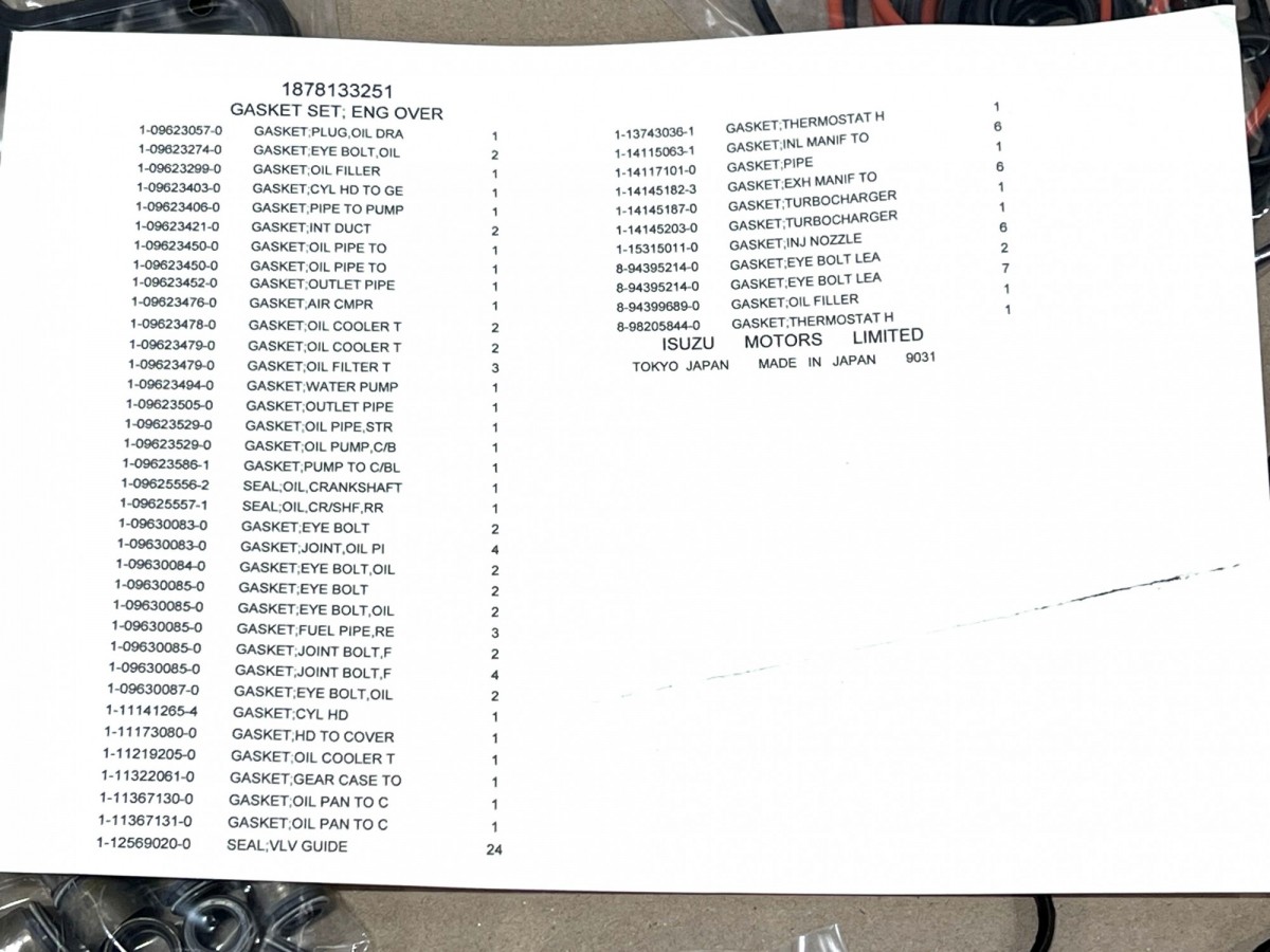 1878133250 Набор прокладок двигателя 1878150011, 1878149921, 1878149920 1878133252 ORIGINAL ISUZU 1878133250 Набор прокладок двигателя 1878150011, 1878149921, 1878149920 1878133252 ORIGINAL ISUZU